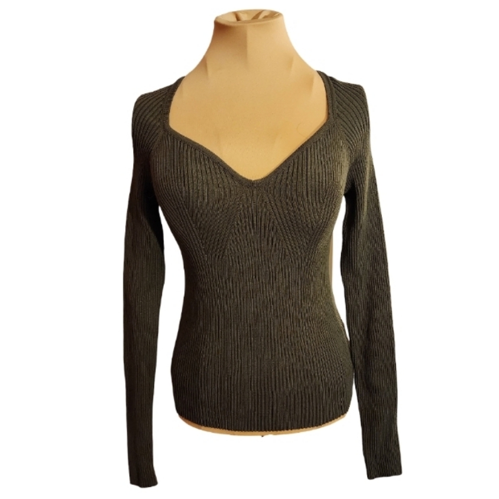 Hooked Up Ribbed Sweetheart Neckline Sweater Camo Green NWT Size Small